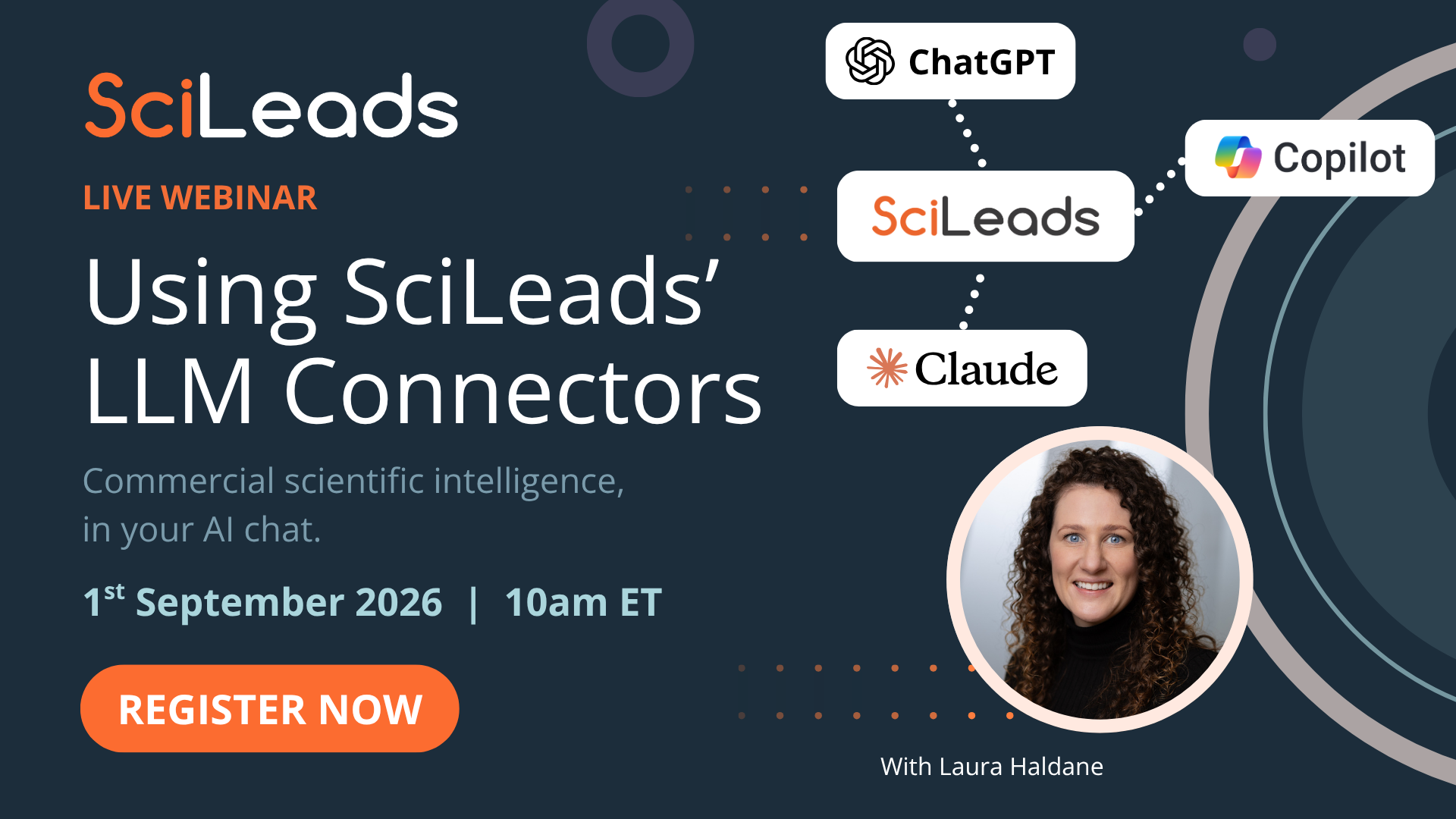 Promotional graphic for a live webinar called "Using Scileads' LLM connectors" to be hosted on 1st September 2026